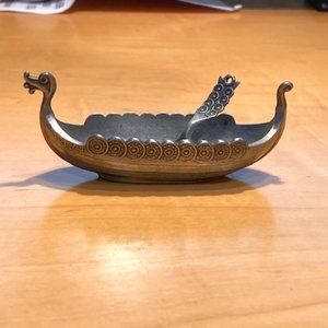 Rare Antique Norwegian Viking Dragon Ship Salt Cellar & Salt Spoon Set
